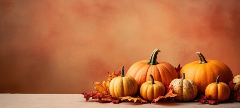 Autumnal pumpkins and leaves adorn a beige table with copy space, warm and rustic atmosphere banner, fall market harvest discount template backdrop
