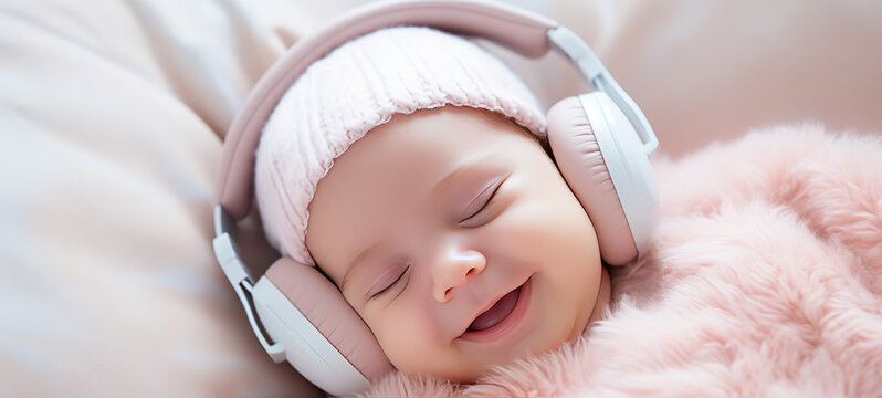 Cute little sleeping newborn infant baby in headphones, listen to relaxing music