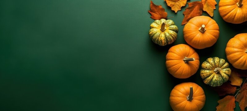 Top view of vibrant orange pumpkins and autumn leaves on green background