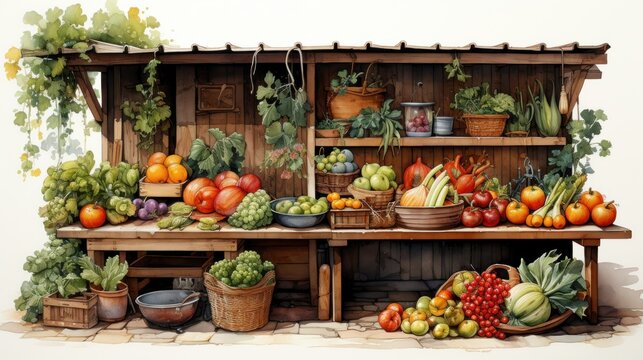 Vibrant watercolor painting of a farmers market stand with fresh organic produce on a rustic wooden background