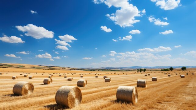 A picturesque agricultural scene with golden hay bales in a rustic field, capturing the essence of a bountiful summer harves