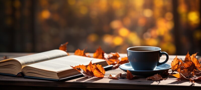 Cozy autumn ambiance: An open book and a cup of steaming coffee on a wooden table surrounded by colorful fall leaves