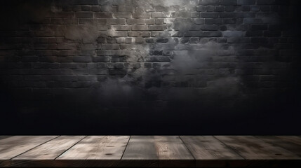 Old wooden table with blurred concrete block wall in dark room background, copy space