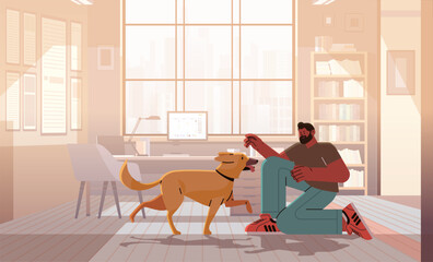 man pet owner playing with cute dog best friends domestic animal caring for four-footed friend concept