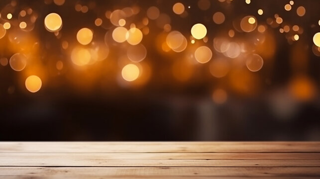 Empty wood table top on blur light gold bokeh of cafe restaurant in dark background, copy space