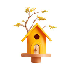 Yellow wooden birdhouse in a tree