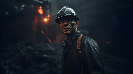 Portrait of Engineer dressed in a dirty boiler suit and mining hat and working hard on the mining coal, dirt smears, cinematic.Generative AI