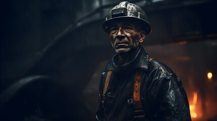 Portrait of Engineer dressed in a dirty boiler suit and mining hat and working hard on the mining coal, dirt smears, cinematic.Generative AI - obrazy, fototapety, plakaty