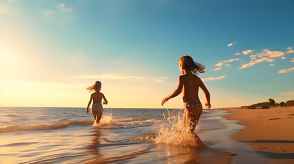 Fototapeta premium Two children in swimsuits are playing on the beach, with small waves and beautiful blue sky. The sunlight in the evening, Generative AI