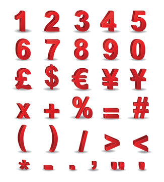 Red color numbers, main currency and symbols 3D illustrations set. Price off tag design collection. Vector Illustration 