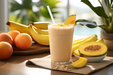 Delicious fruit mango, banana smoothie in glass on wooden table, closeup. Healthy breakfast, lifestyle. Generative AI