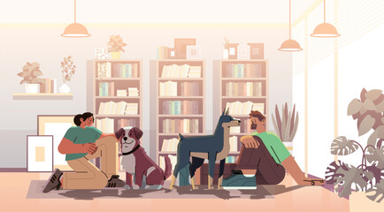 people pet owners playing with cute dogs best friends domestic animal caring for four-footed friend concept
