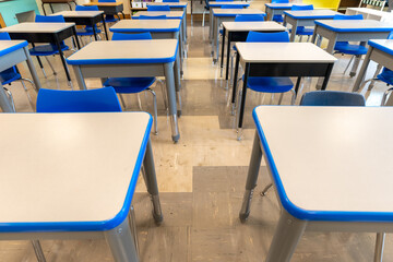 Example of an empty nondescript US High School Classroom with desks.	