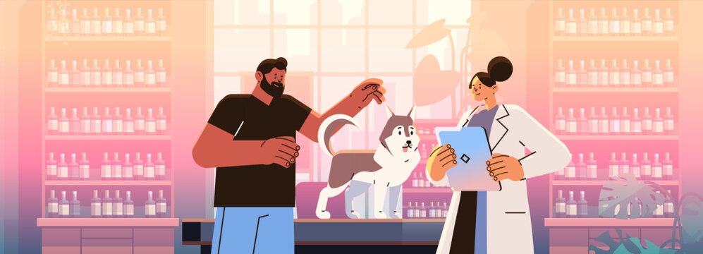 pet owner visiting veterinarian doctor checking up dog health medicine animal health care examination in modern veterinary medical center