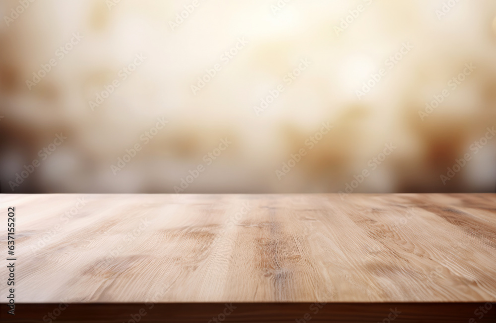 Poster empty wooden table with reflection of sunlight blurred background. high quality photo