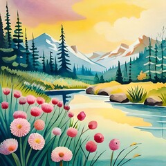 Fototapeta premium The hand-painted watercolor flowers are beautiful works and my own creativity is expressed through delicate lines and colors. 