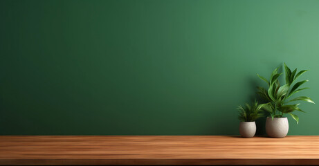 Brown wooden table with potted plants and green wall background. High quality photo