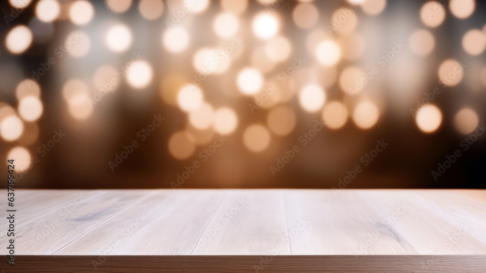 Poster empty wooden table with bokeh lights on dark background. high quality photo