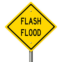 Yellow highway sign warning of flash flood