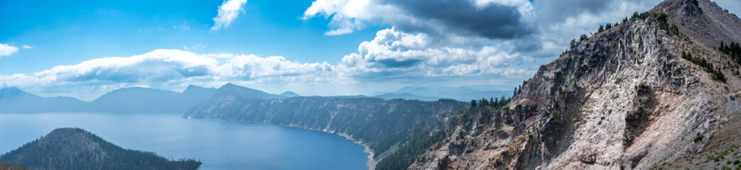 Panoramic view of Crater Lake and Wizard Island in Oregon 