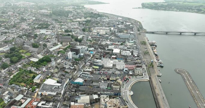 Bird's eye view of the city of Wexford, Ireland 4k
