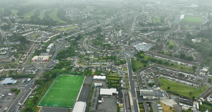 Panoramic bird's eye view of the misty town of Wexford, Ireland 4k