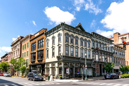 Troy, NY - US - Aug 13, 2023 Landscape view of the historic buildings lining the corner of 4th Street and Broadway in the Central Troy Historic District.