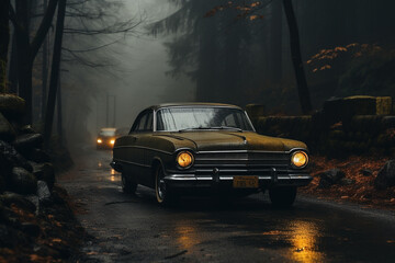 Fototapeta na wymiar A vintage car parked on a desolate road, its headlights piercing through the dense fog - Generative AI