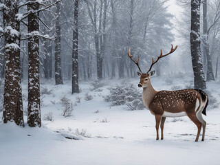 Noble deer male in winter snow forest Artistic 