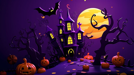 Halloween backgroundn with pumpkins castle and bats.Halloween background with Evil Pumpkin. Spooky, Holiday event halloween banner background concept, way dark forest
