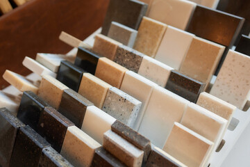 Exposition of ceramics in a showroom new tiling option for floors and walls for home building...