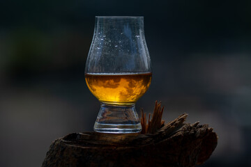 Single malt Scotch whiskey in the Glencairn glass in selective focus.