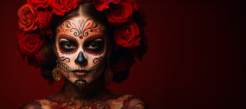 Day of the Dead Celebration: Woman adorned as a Mexican skull Katrina on a red background, Banner with Copy space