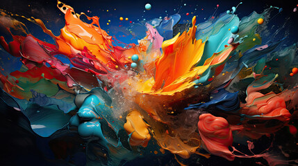 A colorful orange and teal paint explosion on a dark background, flowing forms, wallpaper, desktop background