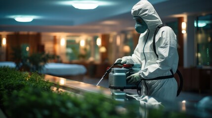 People in overalls treat the premises with a disinfectant and disinfectant liquid during an epidemic or danger of infection.Disinfection of office buildings and work surfaces