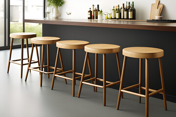 Modern minimalist kitchen interior. A long lineup of designer kitchen bar stools