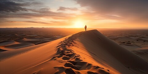 Fototapeta na wymiar Desert solitude. Embracing sands of adventure. Golden horizons. Sunset trek in sahara. Sun kissed wanderlust. Exploring arabian dunes