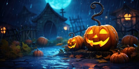 Fototapeta premium illustration of Halloween pumpkins in the rain, generative AI