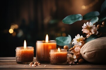 Calming spa scene with candles on blurred background.spa concept. 