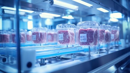 Fibers of beef meat artificially grown in the laboratory. Bright modern room