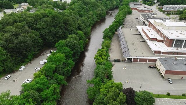 Aerial view of the Penobscot River cutting through Bangor, Maine.