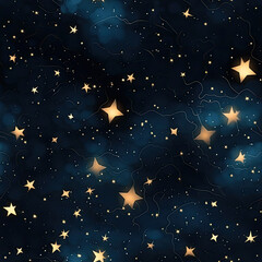 Fototapeta premium Star and bokeh galaxy seamless repeating background. Metallic colors of gold and blue