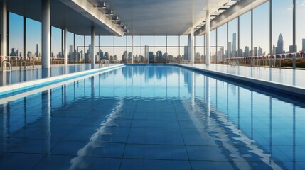 Close-up of the Olympic swimming pool with the cityscape outside the window. 
