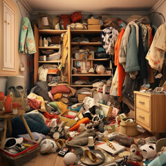 Very cluttered, overflowing, overpacked closet room. Hoarding - obrazy, fototapety, plakaty