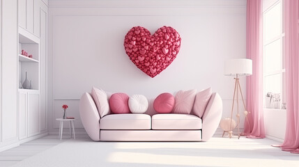 Living room concept with Valentine's Day theme, pink and white colors with heart mural and decor