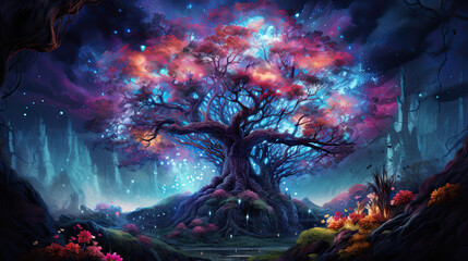 Fototapeta premium Colorful glowing tree in a magical forest full of bright colors with stars overhead, nighttime, fantasy artwork, illustration