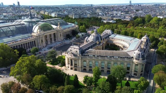 Petit Palais and Grand Palais in Paris, France. Aerial drone panoramic view