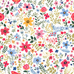 Floral flower doodle background. Liberty ditsy style on white