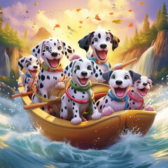 Fototapeta premium Dalmation puppies going whitewater rafting