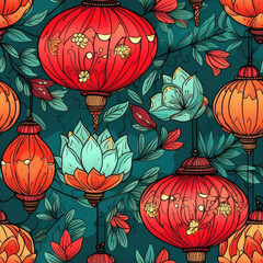 Chinese lanterns, bright vibrant colors. Doodle style, seamless repeating background